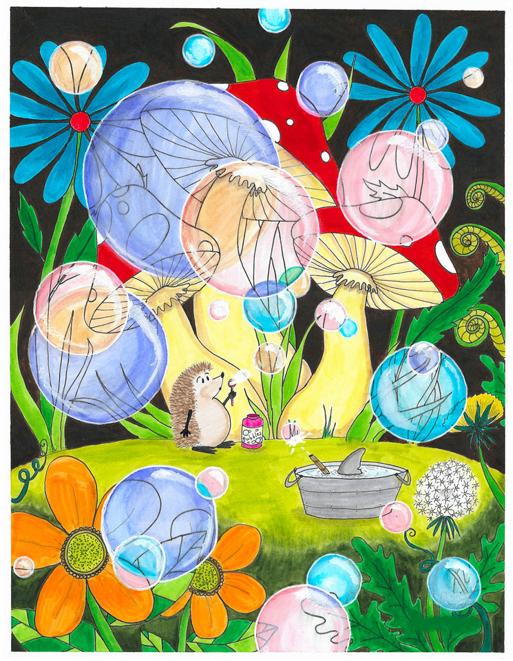A hedgehog is blowing pastel colored bubbles while a shark in a washtub is popping them with a peashooter.  In the background are very large red capped muhrooms, blue daisies, and young ferns.  In the foreground are orange flowers and dandelions.