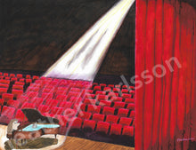 Load image into Gallery viewer, &quot;Performance Anxiety&quot;  Norman the Hedgehog sits on a stage in a fancy auditorium.  His grand piano is full of water, and Shark is swimming around inside.
