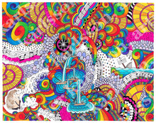 Load image into Gallery viewer, &quot;Everyone&#39;s A Critic&quot; is a very colorful, somewhat psychedellic greeting card featuring Norman the Hedgehog playing alto clarinet and Shark holding up a sign with a fermata on it.  
