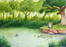 Load image into Gallery viewer, &quot;Sleepy Fishing&quot; is a picture of a peaceful predominantly green bayou with lily pads in it.  Norman the Hedgehog is fishing from the bank.  Shark is swimming around messing up the lily pads.
