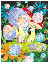 Load image into Gallery viewer, &quot;Forever Blowing Bubbles&quot; Norman the Hedgehog is blowing bubbles beneath a trio of giant red capped mushrooms and psychedellic daisies.  Shark is popping the bubbles with a blow pipe and peas.
