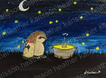 Load image into Gallery viewer, &quot;Lightning Bug Lunch&quot; pictures Norman the Hedgehog and Shark catching fireflies in the dark.  Norman has his in a glass jar.  Shark ate his.
